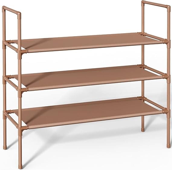 Discover this brown, three-tier plastic shelving unit on Monday Deals. Its simple design features flat shelves supported by a tubular frame and two vertical handles for easy transport. Perfect for organizing or storing your essentials.