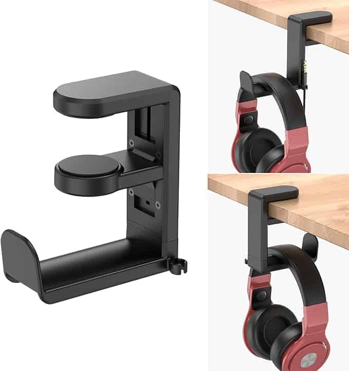 A black headphone holder with a clamp design is attached to the edge of a wooden desk. It securely holds a pair of red and black headphones. The holder's adjustable features are shown in separate views, highlighting its versatility—perfect for snagging during Friday Deals.