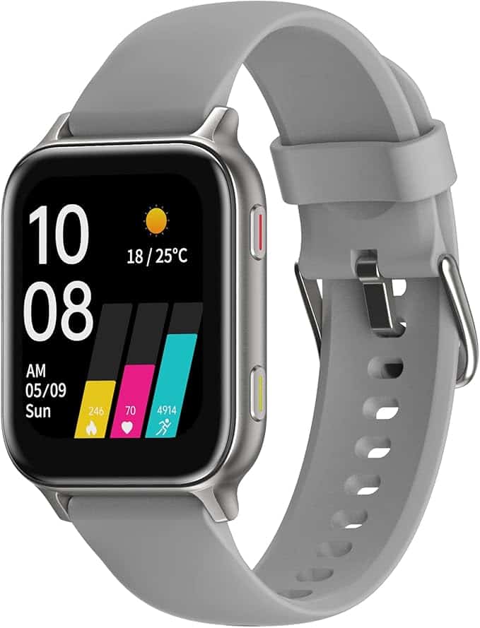 Check out our Thursday Deals on a sleek smartwatch featuring a rectangular display that shows time, date, weather, and activity stats. The colorful activity bars pop vividly on the screen. Elegantly designed with a gray band and silver casing, it's perfect for daily wear.