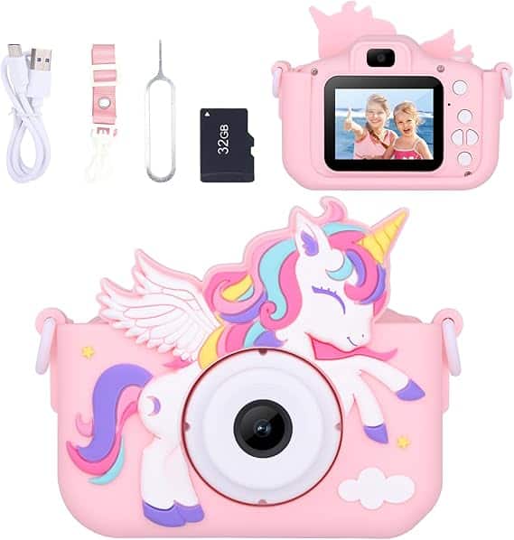 Discover the enchanting pink children's camera featuring a unicorn design with wings and a horn. Perfect for Thursday Deals, it boasts a rear display showcasing two kids. Accessories include a USB cable, strap, 32GB memory card, and pin tool—ideal for capturing magical moments.