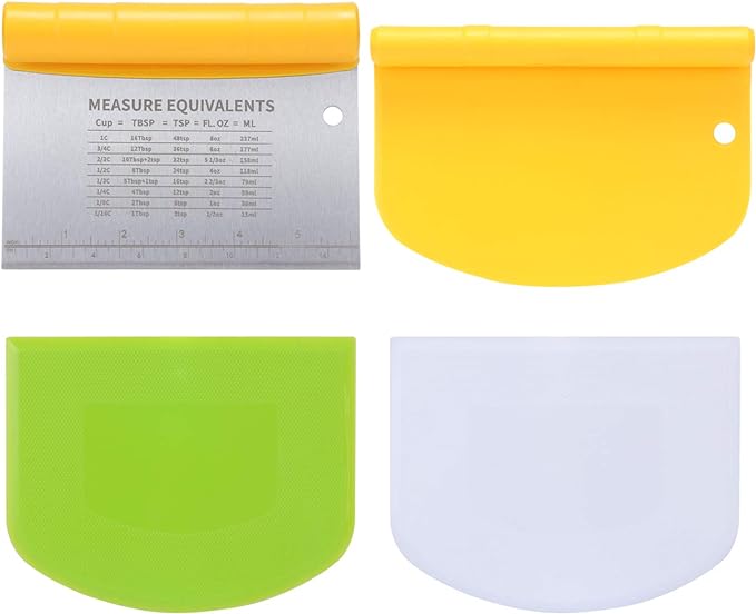 Explore our Thursday Deals featuring a set of dough scrapers: a stainless steel scraper with measurement equivalents and a yellow handle, plus three plastic scrapers in vibrant yellow, green, and white. Each scraper is designed with round edges for efficient dough handling.