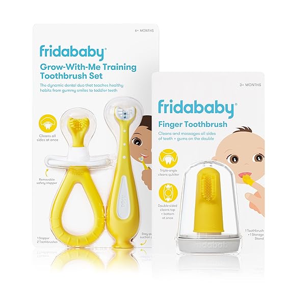 Discover the Thursday Deals on Fridababy oral care products! The Grow-With-Me Training Toothbrush Set for 6+ months and the Finger Toothbrush for 3+ months are both available in cheerful yellow, designed to gently clean and massage your baby's teeth and gums.