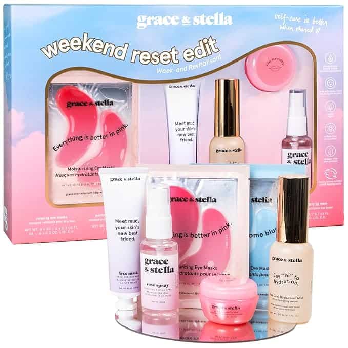 A beauty kit titled "Grace & Stella Weekend Reset Edit" is displayed, perfect for those Friday Deals. It includes eye masks, face mist, and eye cream in shades of pink, white, and gold, all elegantly arranged in front of the packaging.