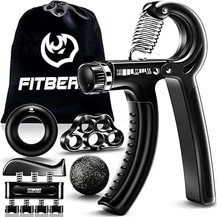 Discover our Friday Deals: a set of black hand grip strengtheners with adjustable tension, a resistance band, a textured exercise ball, and a convenient carrying pouch. The brand name "FITBEAST" is prominently displayed on the pouch.