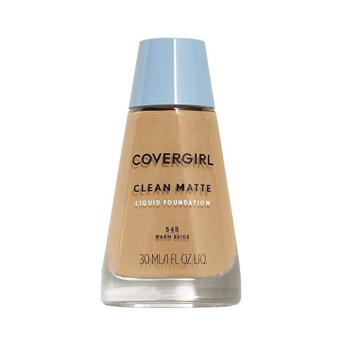 A bottle of Covergirl Clean Matte Liquid Foundation in shade 545 Warm Beige, containing 30 mL (1 oz) of product. Featuring a blue cap and clear body that displays the beige liquid inside, it's perfect for those looking to snag a flawless finish on Tuesday Deals.