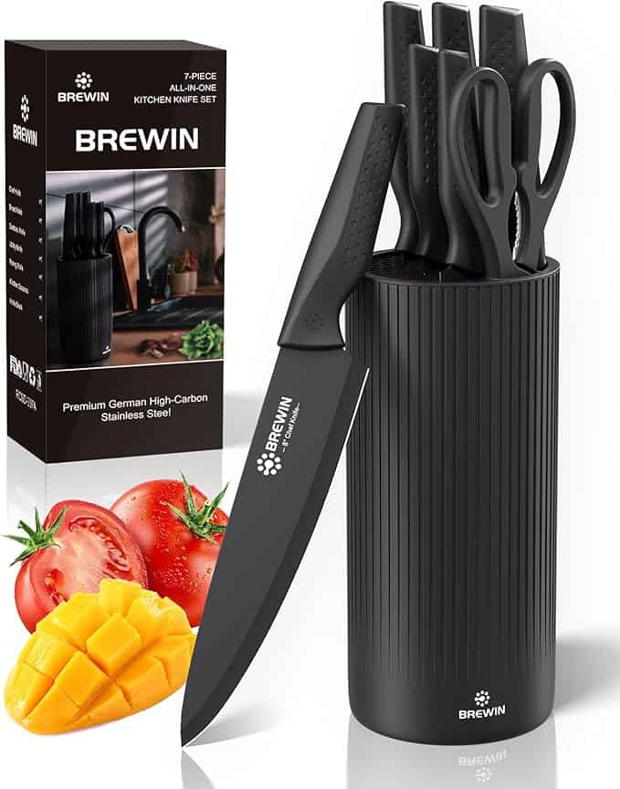 Discover the elegant BREWIN seven-piece black kitchen knife set, perfectly displayed in a sleek cylindrical stand. Ideal for slicing fresh tomatoes and mangoes, it's a must-have for culinary enthusiasts. Don't miss out on our special Friday Deals to add this gem to your kitchen collection!.