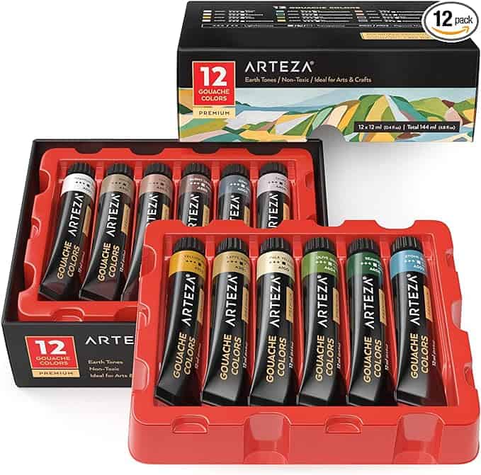 A set of 12 Arteza gouache paint tubes in earth tones is displayed, perfect for those irresistible Friday Deals. The tubes are arranged in an open red plastic tray, with the black packaging box, labeled "12 Pack," positioned behind them.