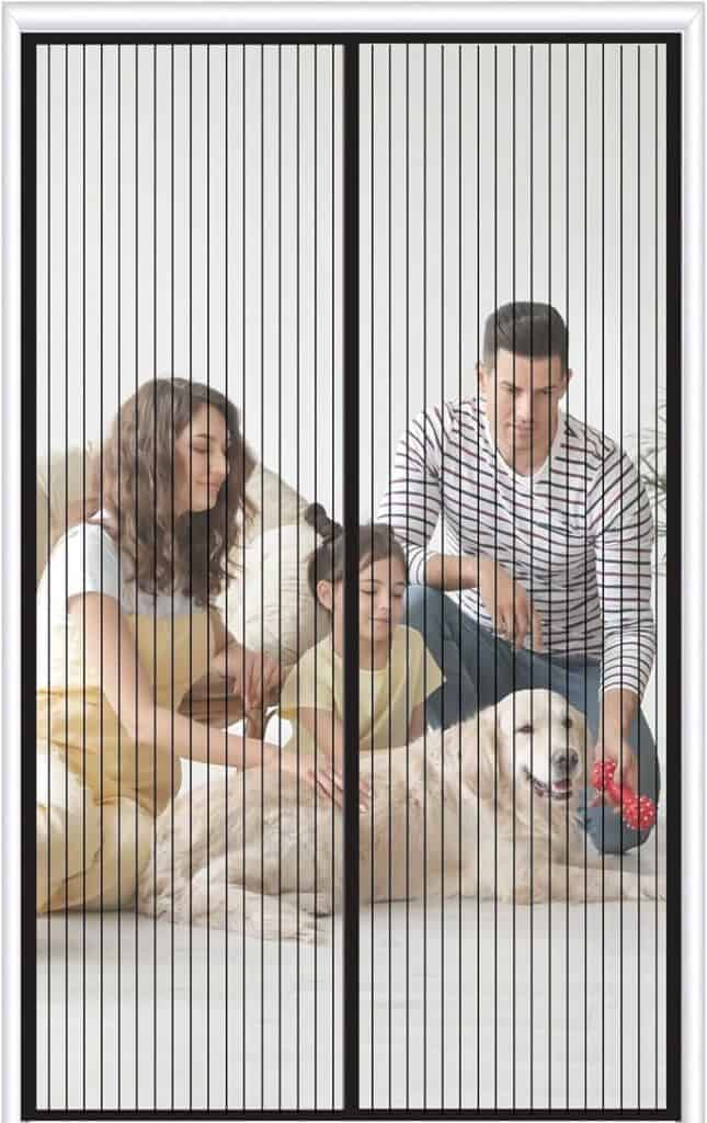 A family sits together on a couch with their dog enjoying the comfort of home. The woman in a white shirt and yellow dress, man in a striped shirt, and child in a yellow shirt gather near the mesh screen door. The dog rests peacefully as the child clutches a red toy, relishing their Friday Deals day off.