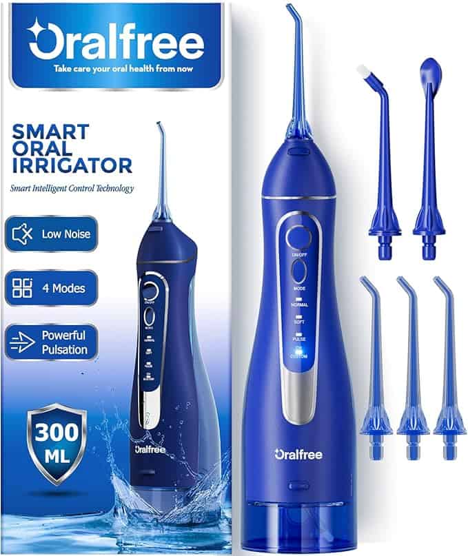 Experience the Blue Oralfree smart oral irrigator, a perfect addition to your dental care routine. With Friday Deals, enjoy its low noise, four modes, and powerful pulsation. Includes five interchangeable nozzle tips and a 300ml water capacity for optimal performance.