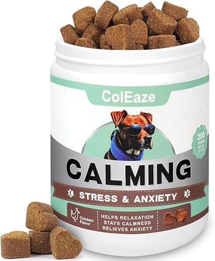 A jar of calming dog treats labeled "ColEaze" features a cool dog image sporting sunglasses and a scarf. Perfect for stress and anxiety relief, these chicken-flavored treats promise relaxation and calmness. With 200 chews per jar, grab them during Monday Deals—some even spill outside in playful disarray.