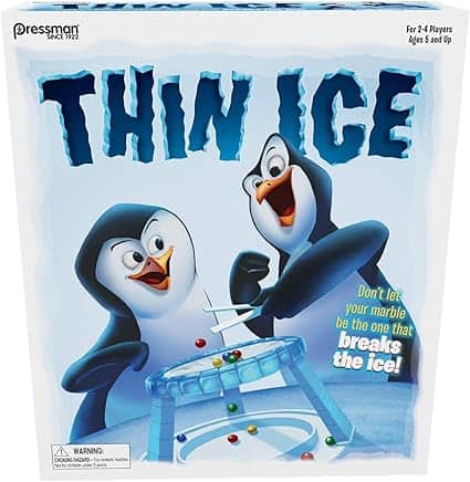 The box cover of the board game "Thin Ice" highlights Thursday Deals with two animated penguins. One looks surprised as marbles balance on a paper surface over a plastic frame. Text reads, "Don't let your marble be the one that breaks the ice!" Suitable for ages 5 and up.