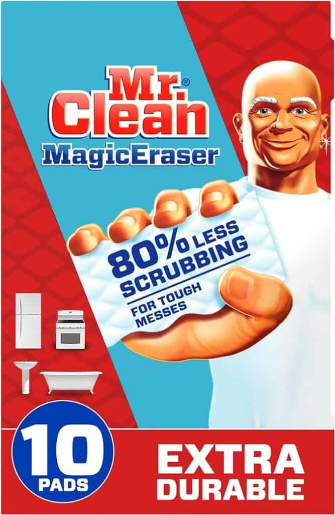 Packaging of Mr. Clean Magic Eraser features an illustrated character with an eraser and the text "80% Less Scrubbing for Tough Messes." Includes images of household items, mentions "10 pads," "Extra Durable," and highlights special savings with exclusive Wednesday Deals.