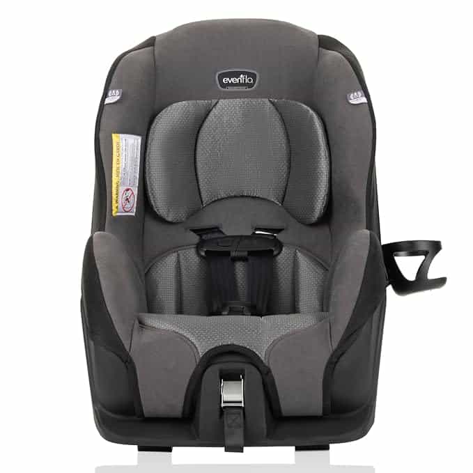 A gray and black convertible car seat featuring a black harness and a convenient cup holder on the side. With its textured pattern on the headrest and seat area, this stylish seat, branded "Evenflo," is part of our exclusive Monday Deals.