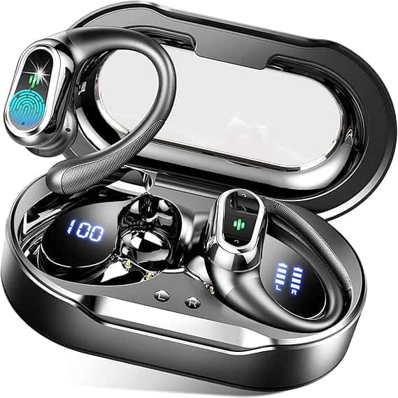 Black wireless earbuds with a digital display showing battery percentage in a charging case. The earbud stems have touch controls, perfect for snagging on Monday Deals. The case boasts a sleek, glossy design with a transparent lid, combining style and function seamlessly.