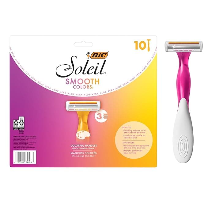 An image of a BIC Soleil Smooth Colors razor package shines with a gradient from pink to yellow, showcasing a pink-handled razor. Featuring aloe vera for smooth care, this 10-razor pack is perfect for Friday Deals.