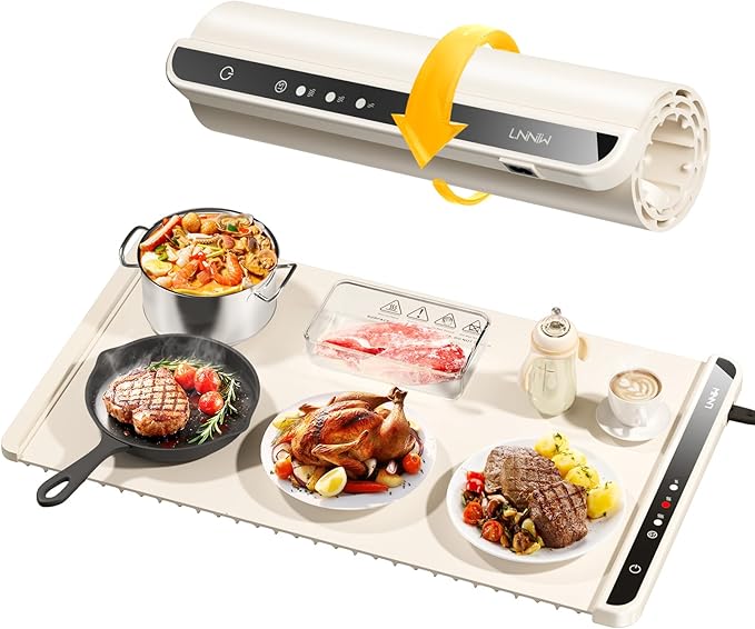 A food defrosting tray is showcased alongside various meats and dishes—steaks, chicken, and vegetables. An arrow connects a roller-like storage device to the tray, emphasizing its function. Controls are visible on the side. Don’t miss out on exclusive Friday Deals for this amazing kitchen essential!.