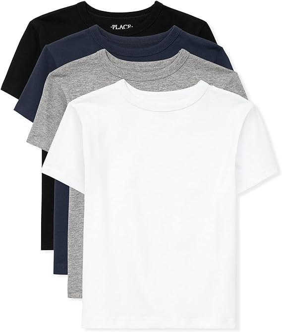 Five plain T-shirts are stacked together in a fan arrangement, showcasing a palette from white to black. Perfect for Tuesday Deals, the colors transition seamlessly through light gray, gray, and navy blue.