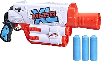 The "Mega XL Big Rig" toy blaster features a sleek white and red body with a black and blue grip. Branded by Nerf, it comes with three large blue foam darts. Don't miss out on special Monday Deals to snag this blaster at an unbeatable price!.