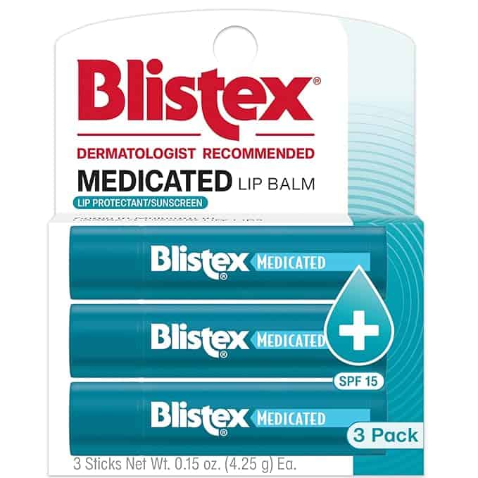 Image of a Blistex Medicated Lip Balm 3-pack, perfect for grabbing during Monday Deals. The package displays three blue sticks labeled "Blistex Medicated SPF 15," highlighting "Dermatologist Recommended" and "Lip Protectant/Sunscreen.