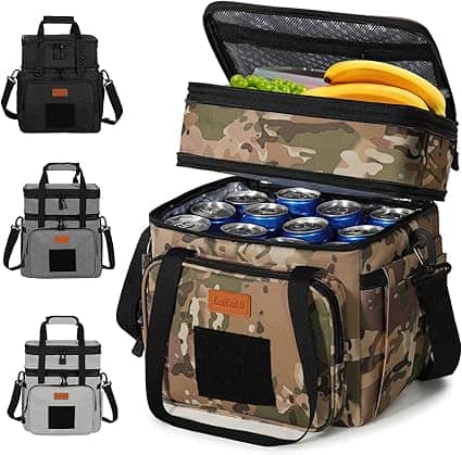 A camouflage-patterned insulated lunch bag is open, revealing bananas and grapes above canned beverages. Beside it, discover three alternative designs: black, gray, and light gray with black straps. Perfect for Monday Deals enthusiasts seeking style and practicality!.