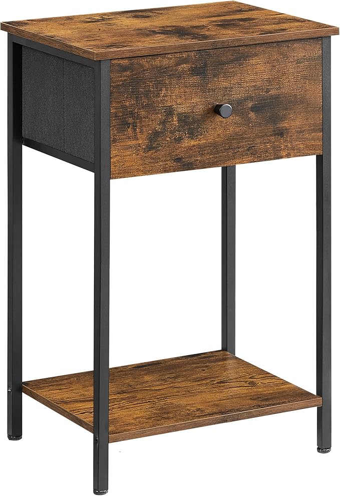 Discover a wooden side table with a rustic finish, featuring a single drawer with a round black knob. It stands on four sleek black metal legs and includes a lower wooden shelf. With its compact modern design, it's the perfect choice for Tuesday Deals.