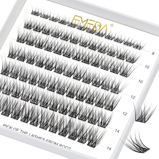 A white tray displays multiple rows of false eyelashes, ranging from sizes 8 to 14, with a natural, wispy style. Enticing you on Wednesday Deals, each row showcases several pairs, while two loose lashes lie beside the tray, tempting you to enhance your collection.