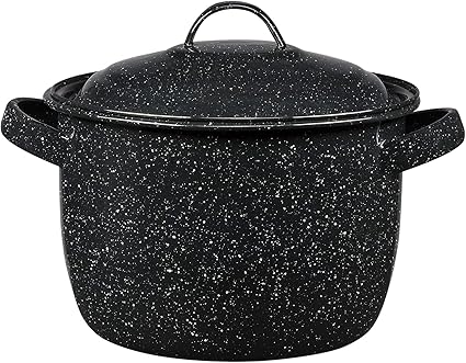 A black speckled stock pot with a matching lid and two side handles. The pot boasts a glossy finish and a subtle marbled pattern, offering a classic kitchenware look. Discover this timeless piece in our Tuesday Deals for an irresistible addition to your culinary collection.