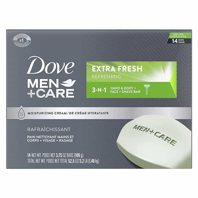 Image of a Dove Men+Care soap package labeled "Extra Fresh." Featuring 14 bars, each weighing 3.75 oz, this versatile 3-in-1 product is perfect for hand, body, face, and shaving. Look out for Friday Deals to grab this refreshing option with its distinctive green banner at a great price!.