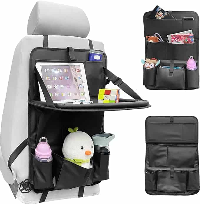 Discover the perfect car seat organizer during our Friday Deals! This versatile accessory attaches to the back of a car seat and features multiple compartments for items like a tablet, drink bottles, and a stuffed toy. It even includes a foldable tray. Two inset images showcase its detailed design.