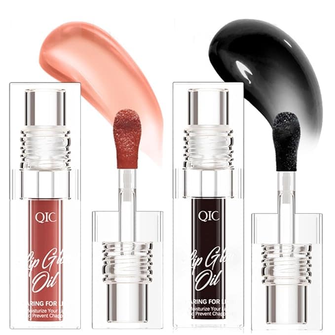 Two lip gloss oil tubes with applicators, featuring a pink shade on the left and a black shade on the right, are highlighted in this Monday Deals special. The "QIC Lip Glow Oil" branding is prominently displayed, with each gloss's brush applicator pulled out for a closer look.