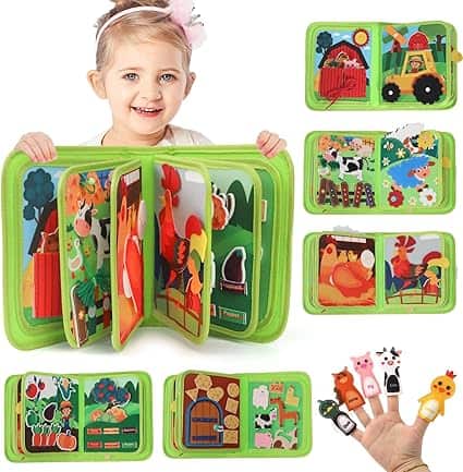 A child smiles while holding a colorful felt book with farm-themed pages, featuring tractors, animals, and barns. Below, finger puppets shaped like various farm animals await playful hands. Available now during our exclusive Thursday Deals for interactive fun!.