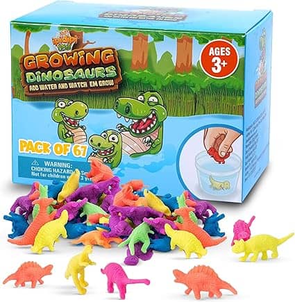 A colorful box of growing dinosaur toys labeled for ages 3 and up. Scattered in front are various bright dinosaurs. The box illustration shows a dinosaur growing in water. Text: "Pack of 67" with a warning about choking hazards. Don't miss out on exciting Friday Deals!.