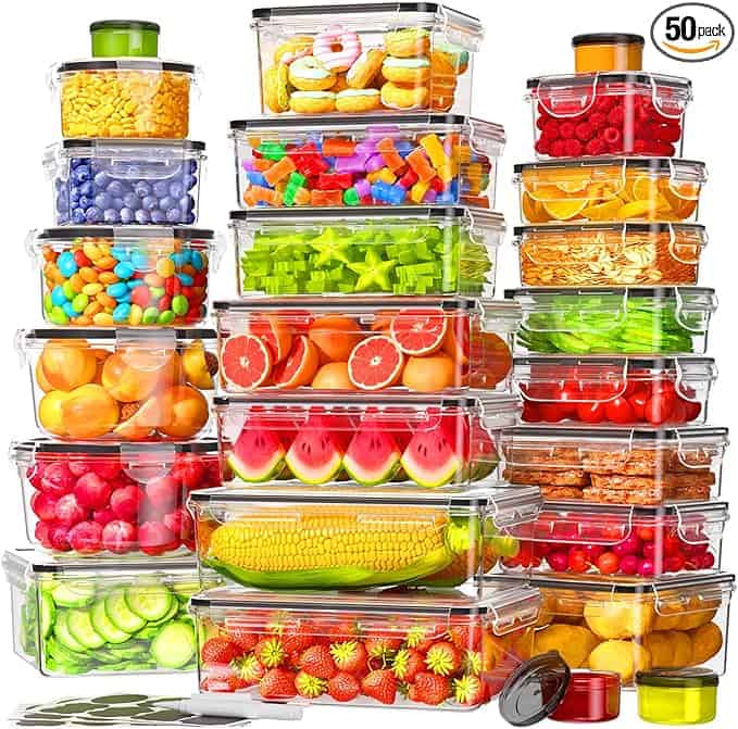 Explore our Friday Deals with a collection of transparent food storage containers brimming with colorful fruits, vegetables, snacks, and candies. These neatly stacked containers showcase vibrant hues and an enticing "50 pack" label.