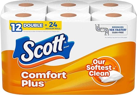 The packaging of Scott Comfort Plus toilet paper showcases six double rolls, equivalent to 24 regular rolls. It highlights "Our Softest Clean" with a dissolving feature for clog-free use. Look out for Tuesday Deals to enjoy this comfort at an unbeatable price!.