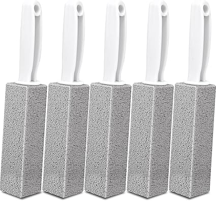 Five gray pumice cleaning stones with white plastic handles are lined up in a row against a white background, ready for those Tuesday Deals.