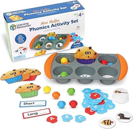 Discover Friday Deals on our Mini Muffin Phonics Activity Set, featuring a muffin pan, vibrant lettered muffins, and activity cards. Perfect for children aged 4 and up to boost phonics skills with fun. Includes letter disks and sorting labels for short and long sounds!.