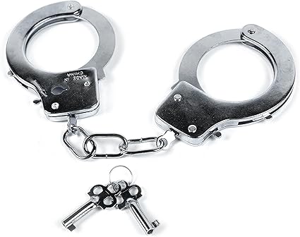 A pair of silver metal handcuffs connected by a sturdy chain, accompanied by two small keys on a keyring, is set against a white background—perfect for those looking to snag unique items during Wednesday Deals.