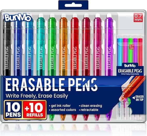 Discover our Friday Deals on erasable pens—a vibrant pack with ten colored pens and refills, each boasting a 0.7 mm tip. Enjoy gel ink rollers, assorted colors, clean erasing, retractable designs, and an eraser on top.