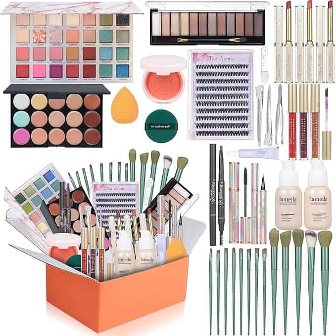 A variety of makeup products are arranged neatly, featuring eyeshadow palettes, liquid foundations, makeup brushes, false eyelashes, lip liners, eyeliners, and sponges. With Friday Deals in mind, an open orange box showcases some of these items at the bottom.