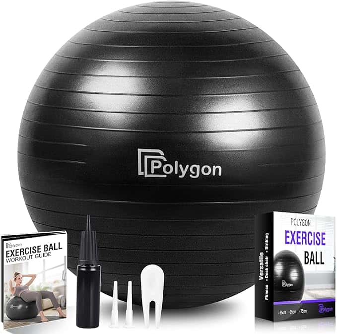 Check out Thursday Deals for a large black Polygon exercise ball. This set comes complete with a pump, two plugs, and a tool. Plus, you'll get a workout guide book and packaging box—all designed to enhance your fitness routine.