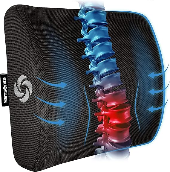 A black lumbar support pillow with a logo on it, ideal for Friday Deals. The design features a spine graphic, with blue and red highlights indicating support and relief. Blue arrows suggest airflow and breathability, ensuring comfort throughout your day.