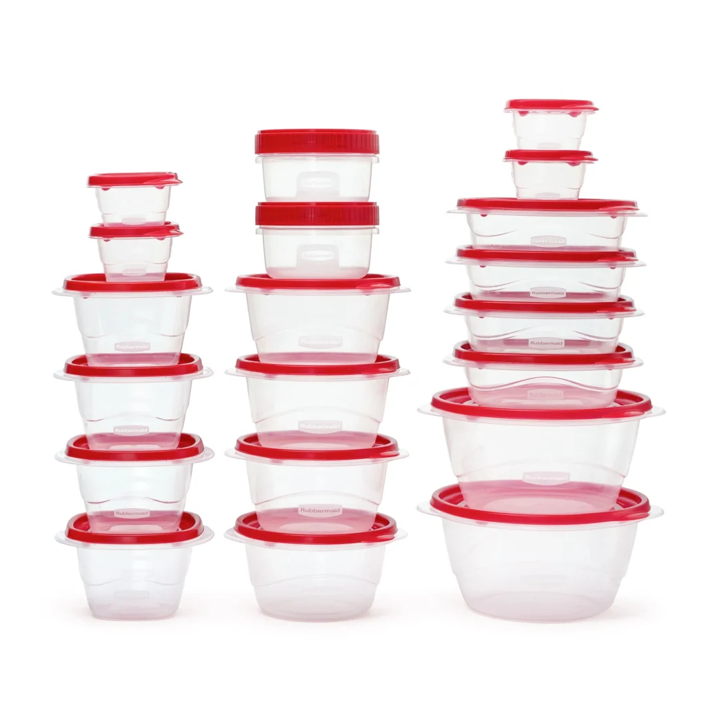 A collection of clear plastic food storage containers with red lids, perfectly stacked in three columns. Ranging from small to large, they offer versatile storage solutions. Don't miss these Wednesday Deals; keep your kitchen organized with style against a pristine white background.