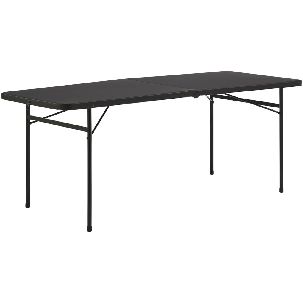 A long, rectangular black folding table with metal legs is featured in our exclusive Tuesday Deals. Its seamless tabletop is supported by a collapsible framework underneath, all set against a plain white background for a sleek and modern look.