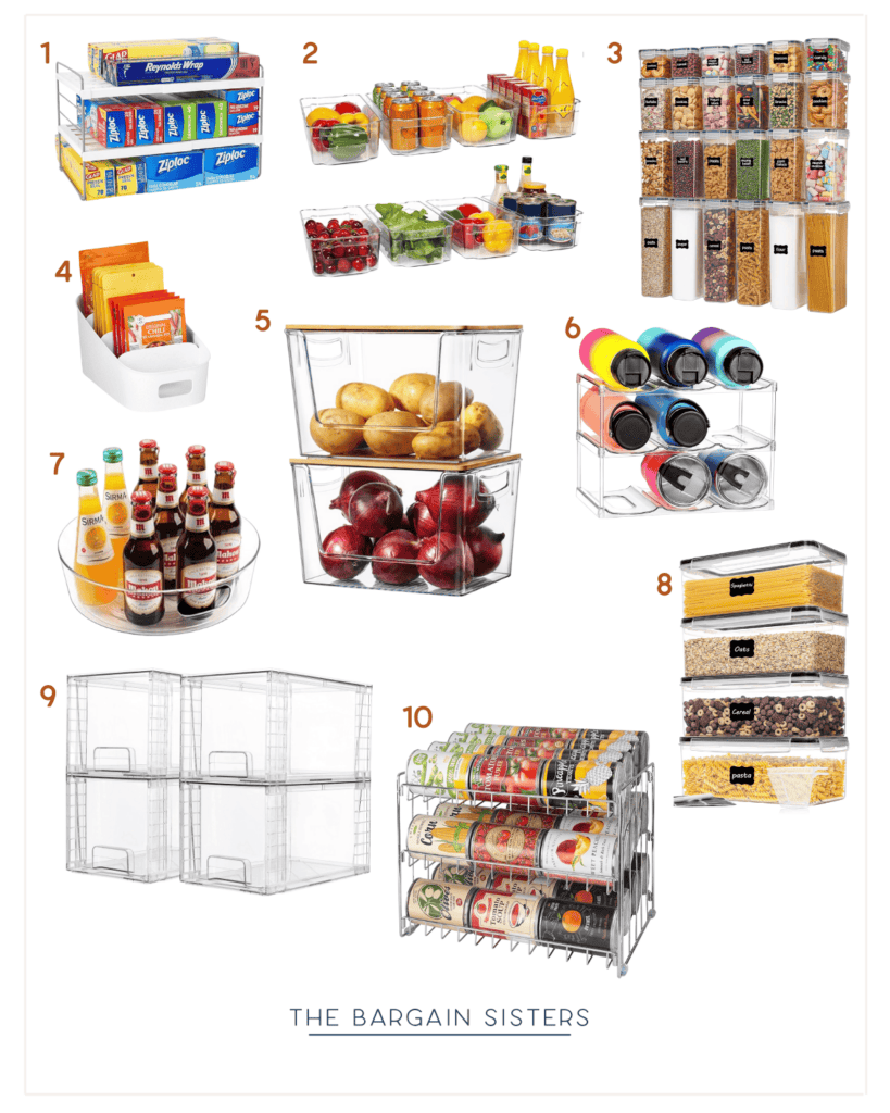 A collage of pantry organization ideas featuring storage bags, stackable bins, rotating trays, can dispensers, and cereal containers. Items are neatly arranged and numbered from 1 to 10, showcased with various food and drink products for a tidy kitchen.