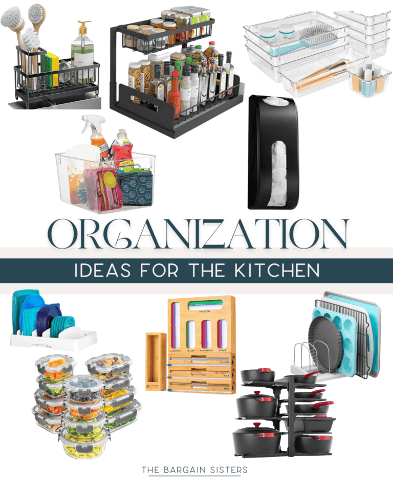 Collage of kitchen organization tools, including spice racks, storage containers, and a knife holder. Text reads "Affordable Kitchen Ideas for Organization - The Bargain Sisters.