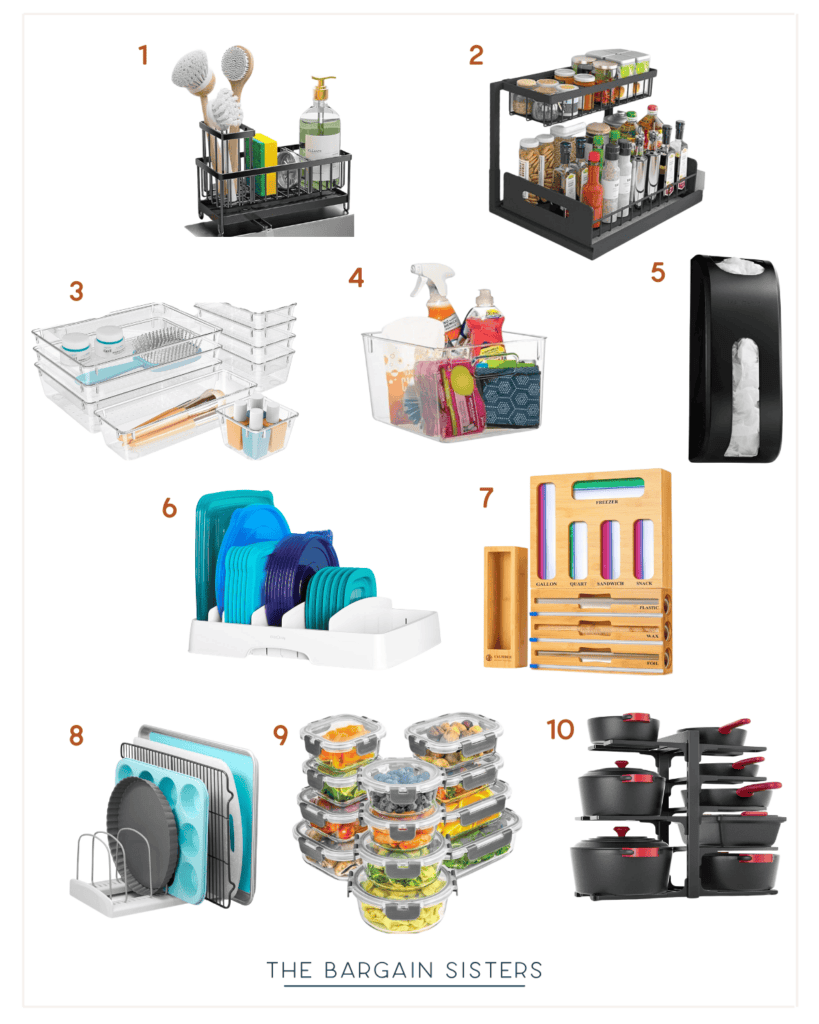 A collage of ten affordable kitchen organization products showcases practical items like a sponge holder, spice rack, dish racks, spray bottle set, plastic bag holder, food storage containers, drawer organizers, pot racks, and airtight glass containers.