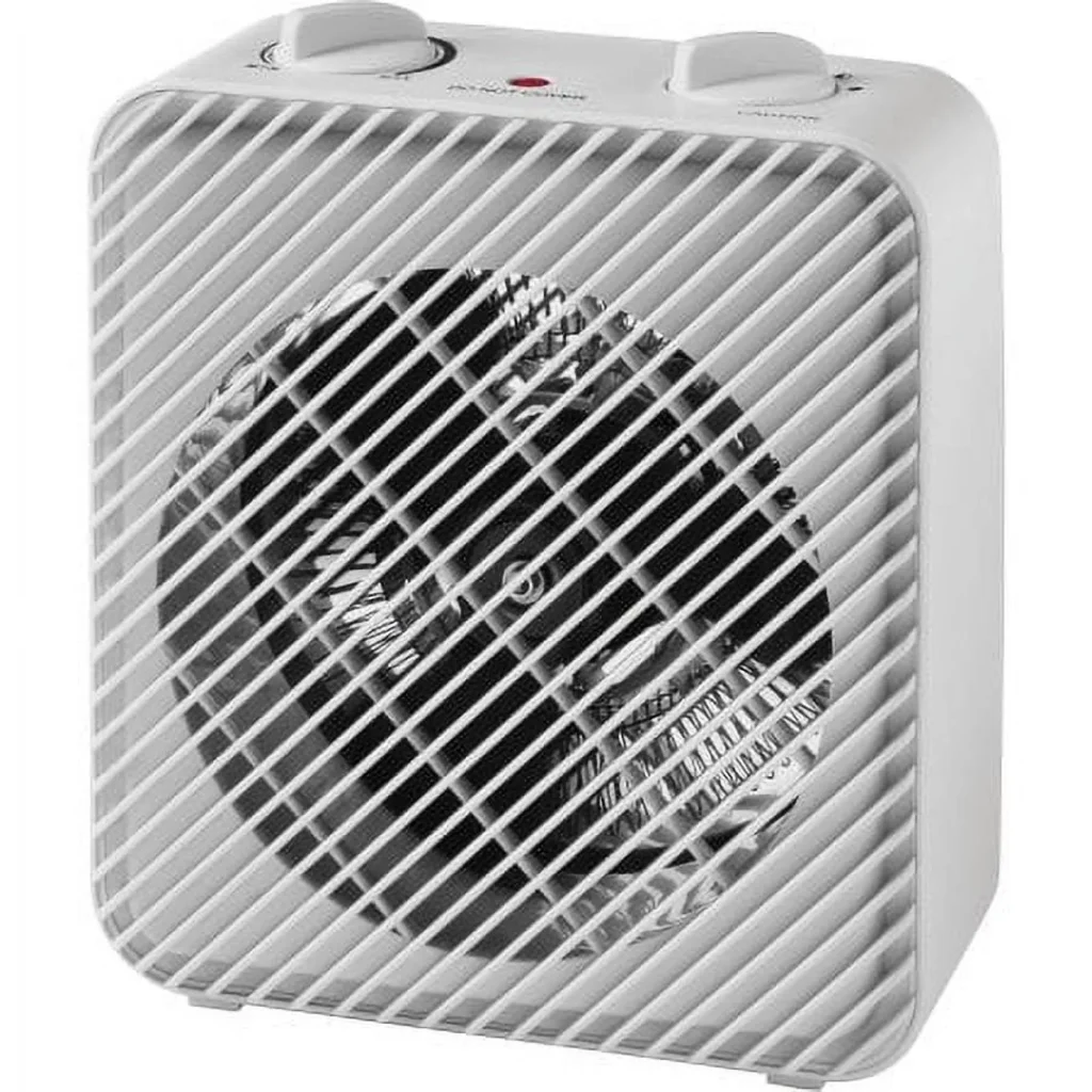 A white square electric fan heater with a front grill and two control knobs on top. The compact design features a smooth surface and a red indicator light beside the knobs, perfect for snagging during Friday Deals.