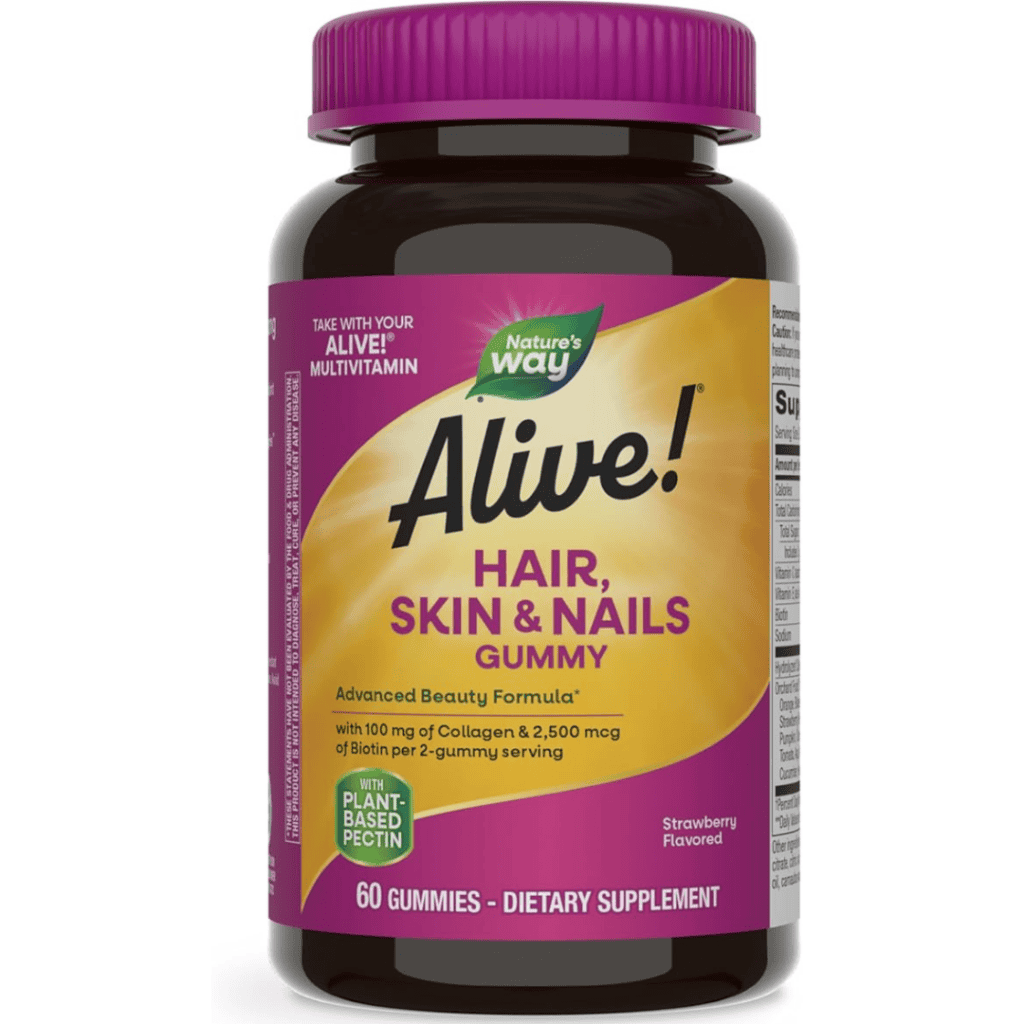 A bottle of Nature's Way Alive! Hair, Skin & Nails Gummy, perfect for Friday Deals. The label highlights collagen and biotin content, is plant-based, and offers a delicious strawberry flavor. Contains 60 gummies as a dietary supplement.