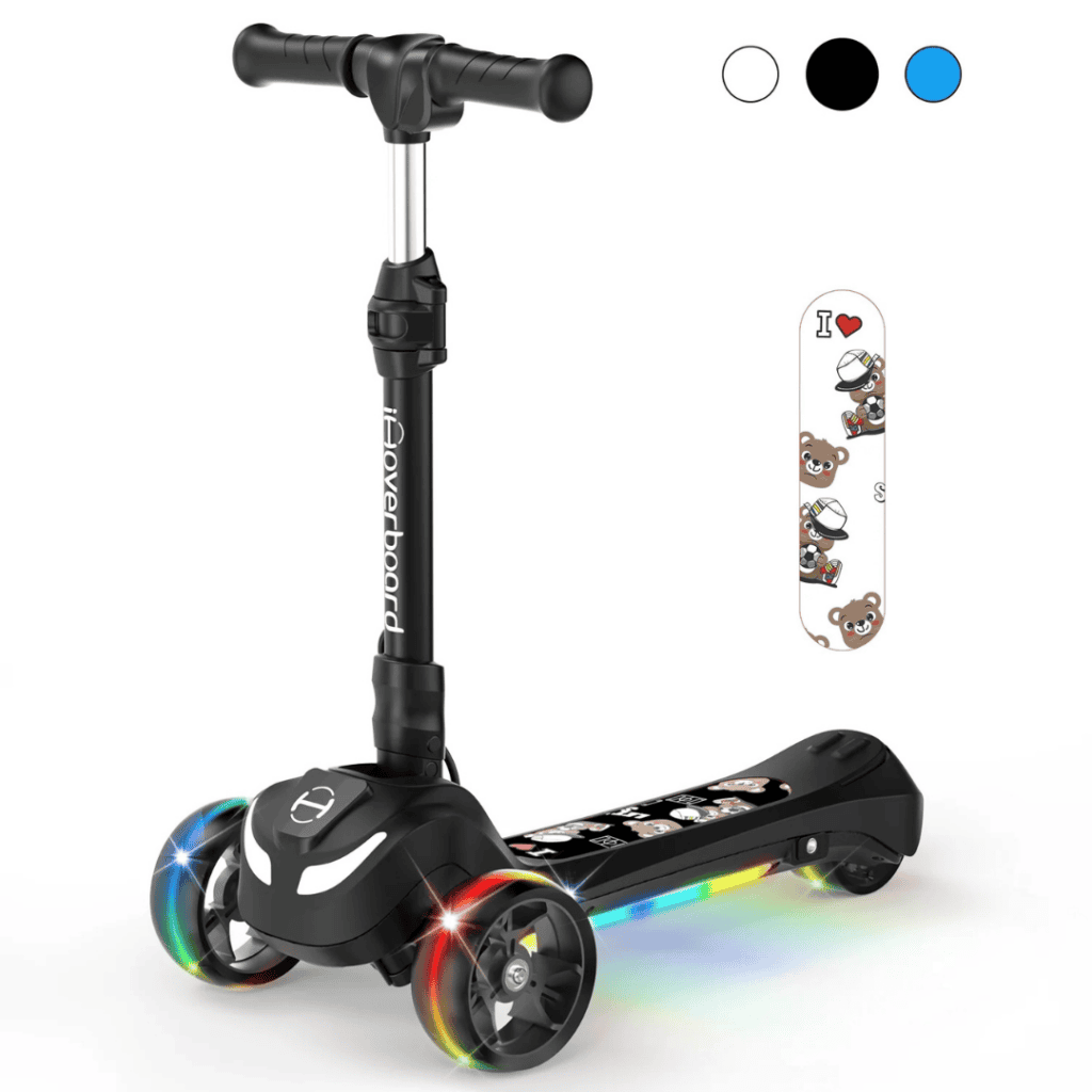 Check out our Monday Deals for this stylish three-wheeled black scooter with LED lights on the wheels. Featuring a fun cartoon bear design on the deck, its adjustable handlebar comes in three sleek colors: black, white, and blue.