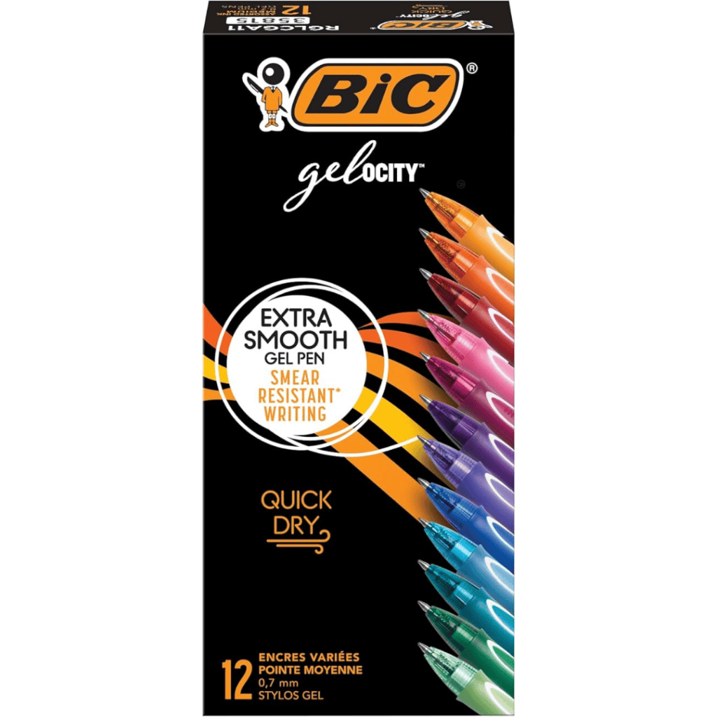 Discover Friday Deals on a box of BIC Gel-ocity gel pens in 12 vibrant colors. The packaging showcases features like extra smooth writing, smear resistance, and quick drying, with the pens displayed in an eye-catching array on the right side.